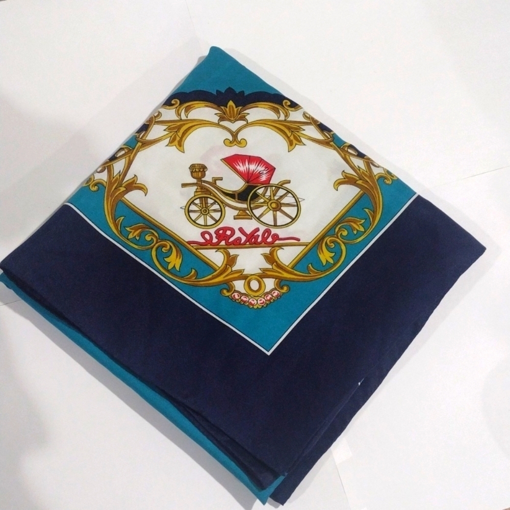 Royal Carriage Horse Print Scarf Vintage Ornate Gold Scroll Teal Border Accessor